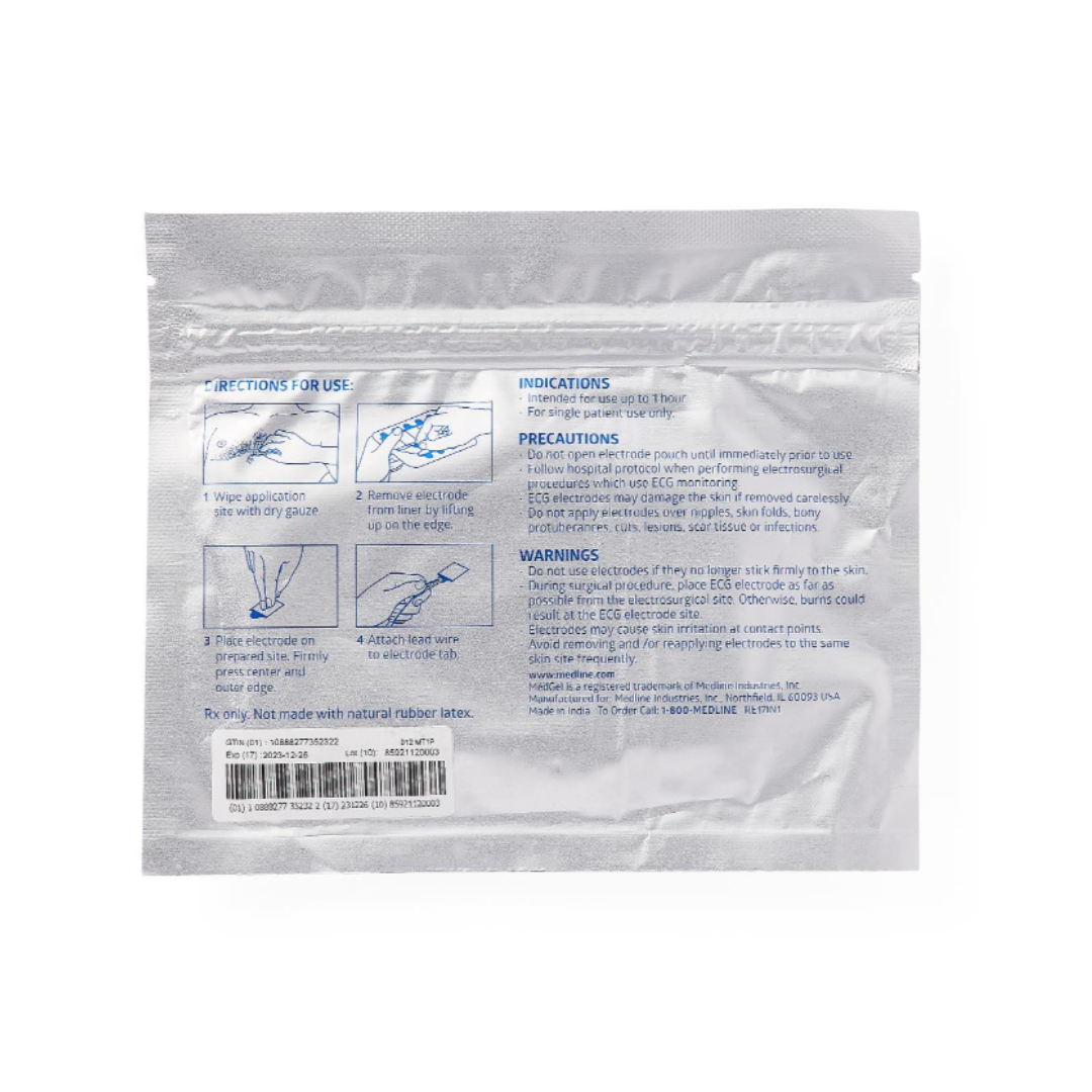 A silver medical pouch displays instructions, indications, precautions, and warnings in blue and black text with simple diagrams for proper application of Medline MedGel EKG/ECG Resting Tab Electrodes.