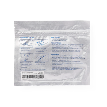 A silver medical pouch displays instructions, indications, precautions, and warnings in blue and black text with simple diagrams for proper application of Medline MedGel EKG/ECG Resting Tab Electrodes.