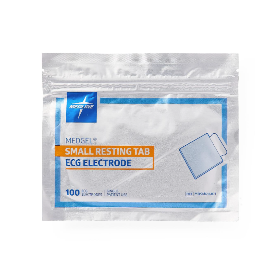 A sealed pouch labeled Medline MedGel EKG/ECG Resting Tab Electrodes contains 100 single-use resting tab electrodes. The white package has blue and orange accents with a simple EKG electrode illustration.