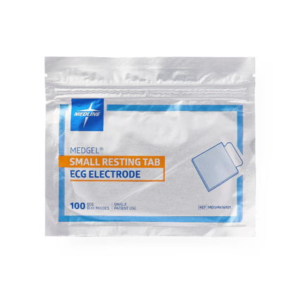 A sealed pouch labeled Medline MedGel EKG/ECG Resting Tab Electrodes contains 100 single-use resting tab electrodes. The white package has blue and orange accents with a simple EKG electrode illustration.