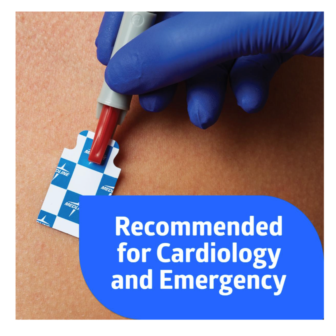 A gloved hand applies a Medline MedGel EKG/ECG Resting Tab Electrode to bare skin. A blue label underneath states, "Recommended for Cardiology and Emergency.
