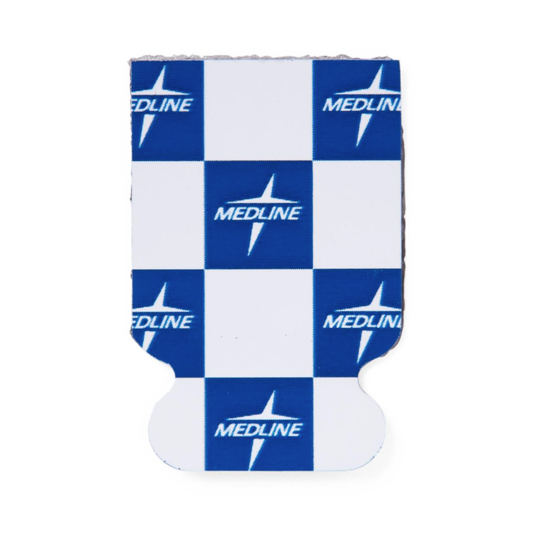 A rectangular blue and white checker-patterned Medline MedGel EKG/ECG Resting Tab Electrode with "Medline" and a star logo on the blue squares features a rounded bottom tab for easy placement.