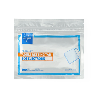 A sealed white packet with blue and orange accents labeled Medline MedGel EKG/ECG Resting Tab Electrodes contains 100 single-use adult resting tab electrodes.