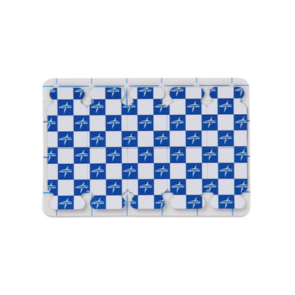 A silver blister pack with a blue and white checkerboard pattern, "AMULYA," a flying bird logo, and "Medline MedGel EKG/ECG Resting Tab Electrodes" printed repeatedly on the packaging.