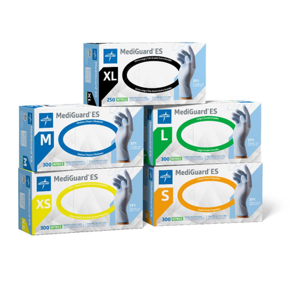 Five boxes of Medline MediGuard ES Powder-Free Nitrile Exam Gloves in sizes extra-small through extra-large, each displaying a hand wearing a glove.