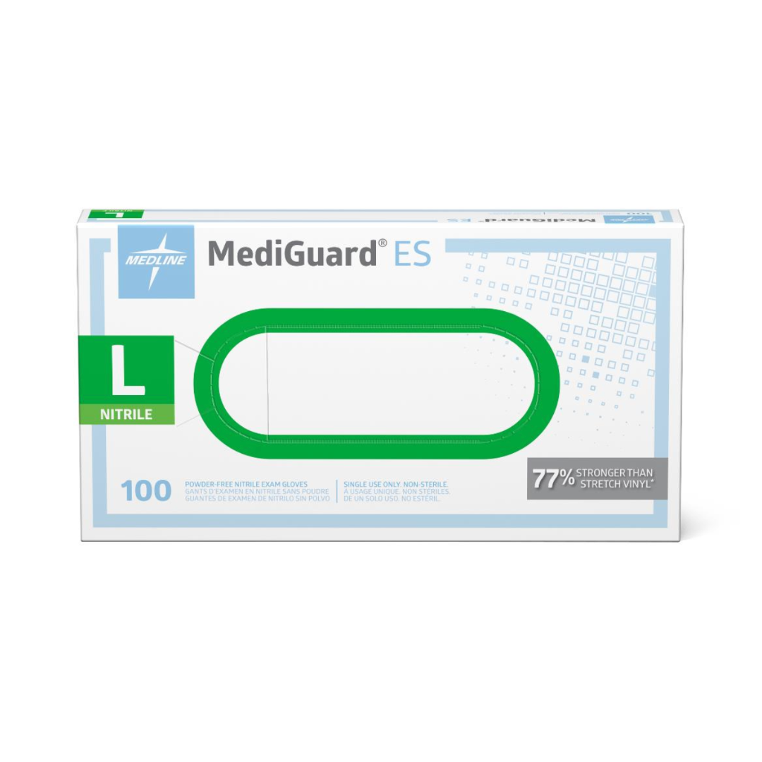 Box of 100 large, powder-free Medline MediGuard ES Powder-Free Nitrile Exam Gloves.