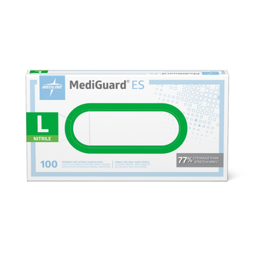 Box of 100 large, powder-free Medline MediGuard ES Powder-Free Nitrile Exam Gloves.