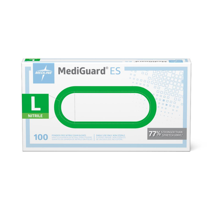 Box of 100 large, powder-free Medline MediGuard ES Powder-Free Nitrile Exam Gloves.