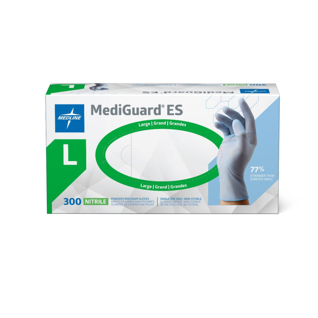 Box of 300 large, powder-free Medline MediGuard ES Powder-Free Nitrile Exam Gloves, featuring a photo of a gloved hand on the packaging.