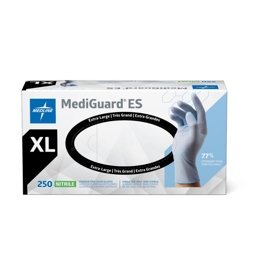 Box of 250 extra-large, powder-free Medline MediGuard ES Powder-Free Nitrile Exam gloves.