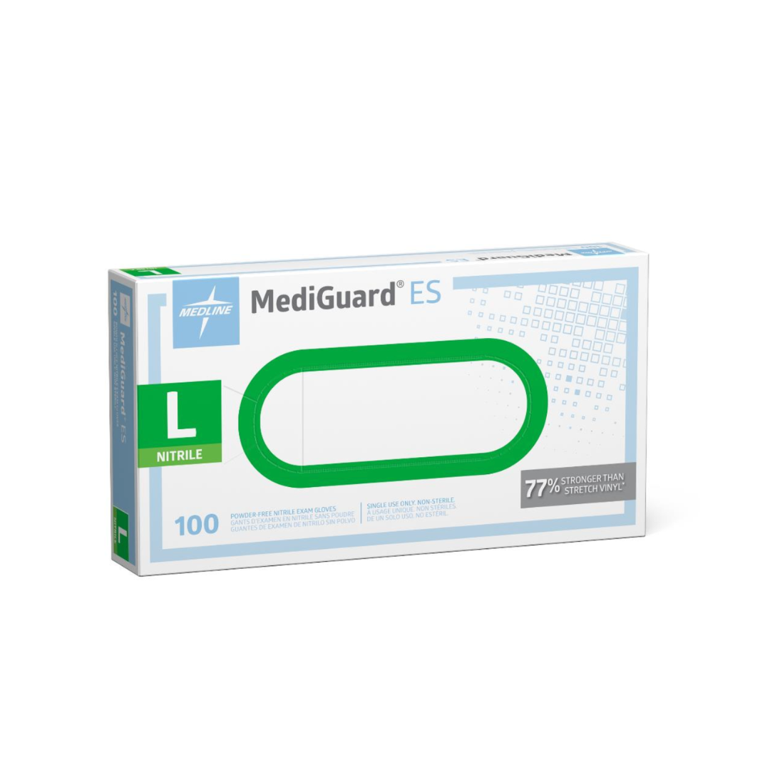 Box of 100 large, powder-free Medline MediGuard ES Powder-Free Nitrile Exam Gloves.