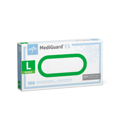 Box of 100 large, powder-free Medline MediGuard ES Powder-Free Nitrile Exam Gloves.