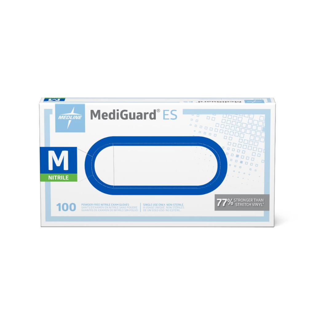 A box of 100 medium, powder-free Medline MediGuard ES Powder-Free Nitrile Exam Gloves.