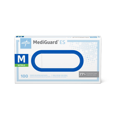 A box of 100 medium, powder-free Medline MediGuard ES Powder-Free Nitrile Exam Gloves.
