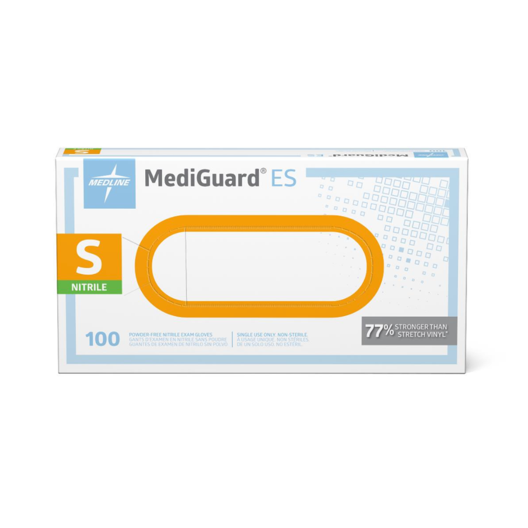 Box of 100 small Medline MediGuard ES Powder-Free Nitrile Exam gloves.