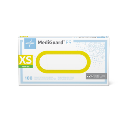 A box of Medline MediGuard ES Powder-Free Nitrile Exam Gloves in extra-small, featuring a yellow oval cutout on the front.