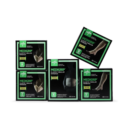 Five black and green boxes of Medline Medigrip Elastic Latex Tubular Support Bandages, each for a different size or body part, are arranged against a white background to showcase the versatility of this elastic support bandage.