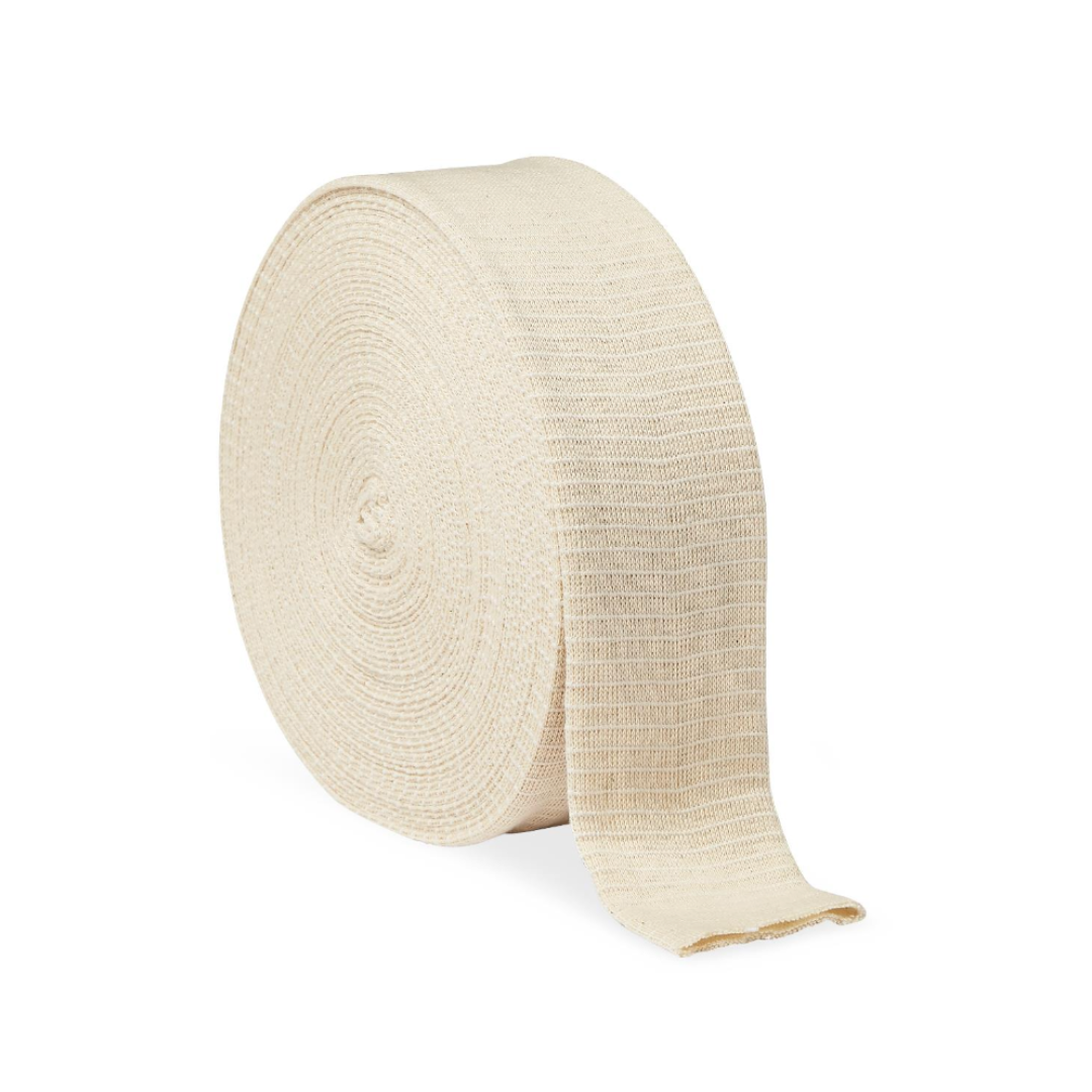 A Medline Medigrip Elastic Latex Tubular Support Bandage, beige and textured, is partially unrolled and positioned against a plain white background.