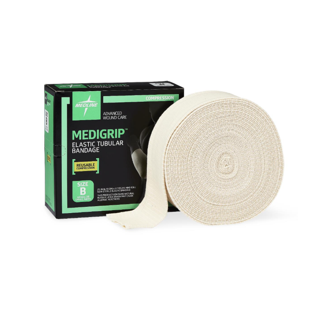 A box of Medline Medigrip Elastic Latex Tubular Support Bandages sits next to an unrolled beige bandage. The green and black box is labeled Advanced Wound Care, Reusable, and Size B.