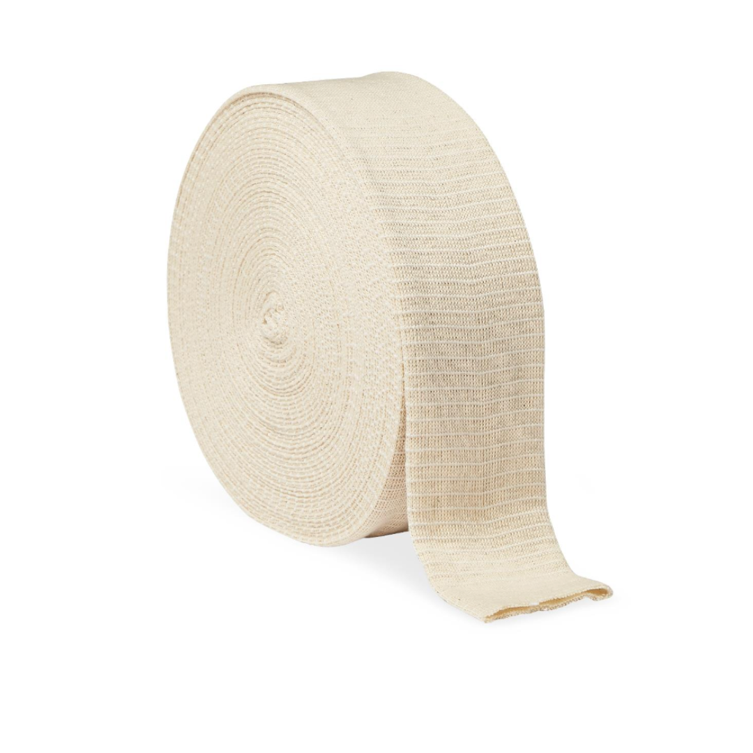 A partially unrolled beige Medline Medigrip Elastic Latex Tubular Support Bandage with a textured surface, displayed on a white background.