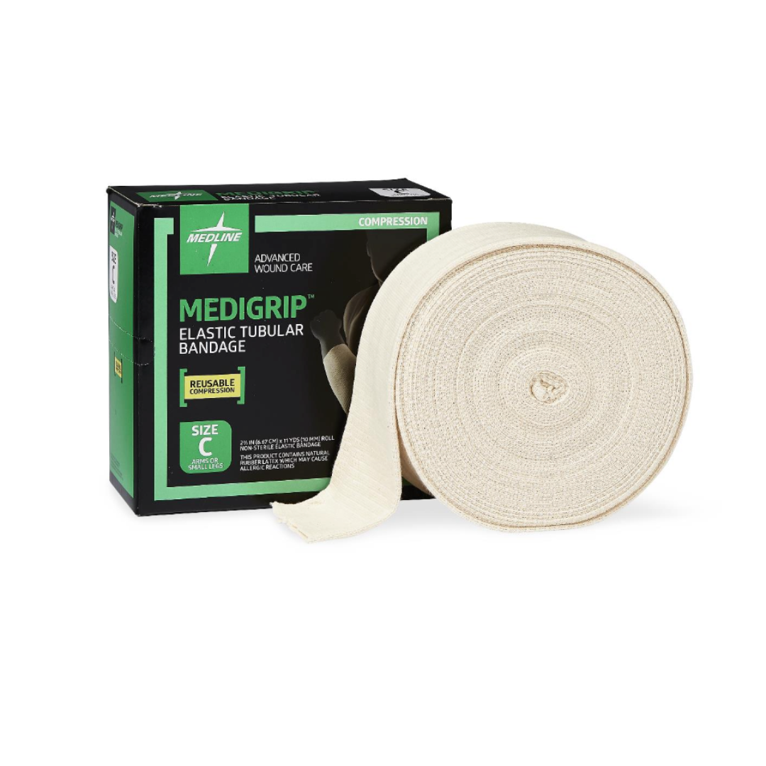 A box of Medline Medigrip Elastic Latex Tubular Support Bandages (size C) sits beside an unrolled beige bandage. The green and black packaging notes they are reusable and provide compression support.