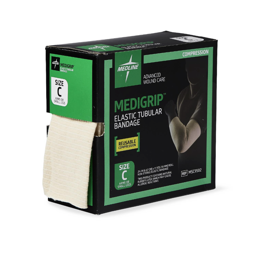 A green and black box of Medline Medigrip Elastic Latex Tubular Support Bandages, size C, with the elastic bandage partially pulled out and an arm pictured on the box. Ideal for reusable compression and tubular support needs.