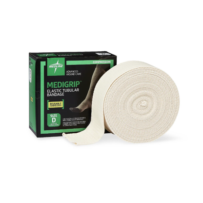 A Medline Medigrip Elastic Latex Tubular Support Bandage, size D, is shown partially unrolled in front of its black and green box packaging labeled for advanced wound care and compression.
