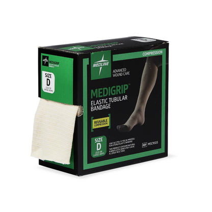 A box of Medline Medigrip Elastic Latex Tubular Support Bandages, size D, for advanced wound care. The black and green box shows a beige bandage sample and a leg wearing the support bandage.