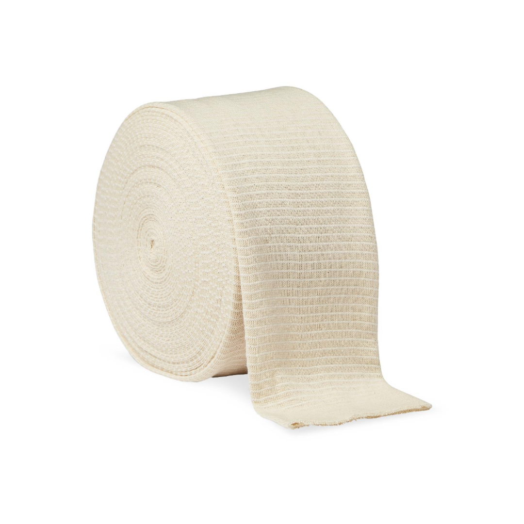 A large roll of beige Medline Medigrip Elastic Latex Tubular Support Bandages is slightly unrolled on a white background.