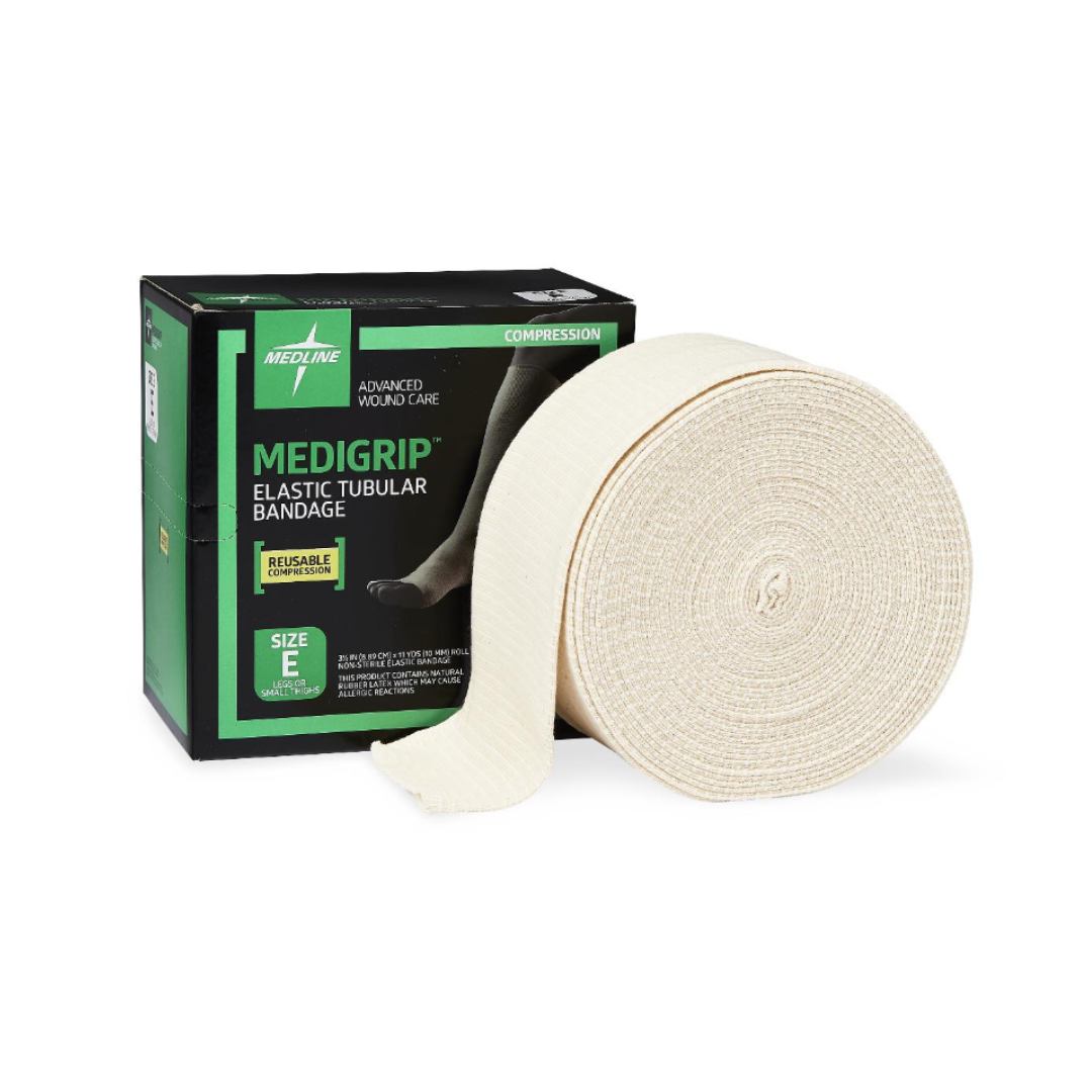 A box of Medline Medigrip Elastic Latex Tubular Support Bandages labeled “Size E” sits beside a large rolled bandage. The green and black packaging notes that these support bandages are reusable and washable.