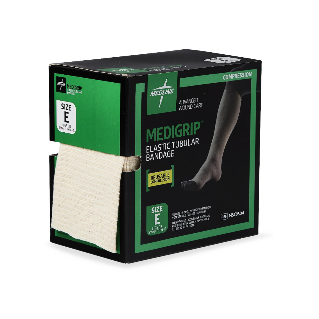 A box of Medline Medigrip Elastic Latex Tubular Support Bandages, size E, with part of the beige bandage visible. The green and black box shows a leg wearing the reusable compression bandage.