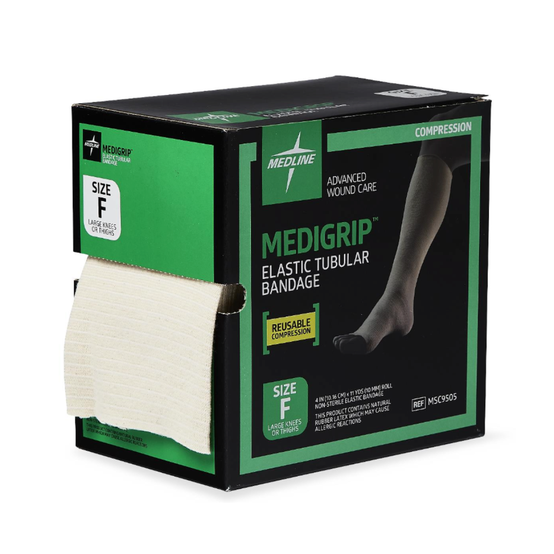 A box of Medline Medigrip Elastic Latex Tubular Support Bandages, size F, shows a beige bandage emerging from the dispenser slot. The packaging depicts a leg wearing the bandage and notes its reusable compression and elastic support.
