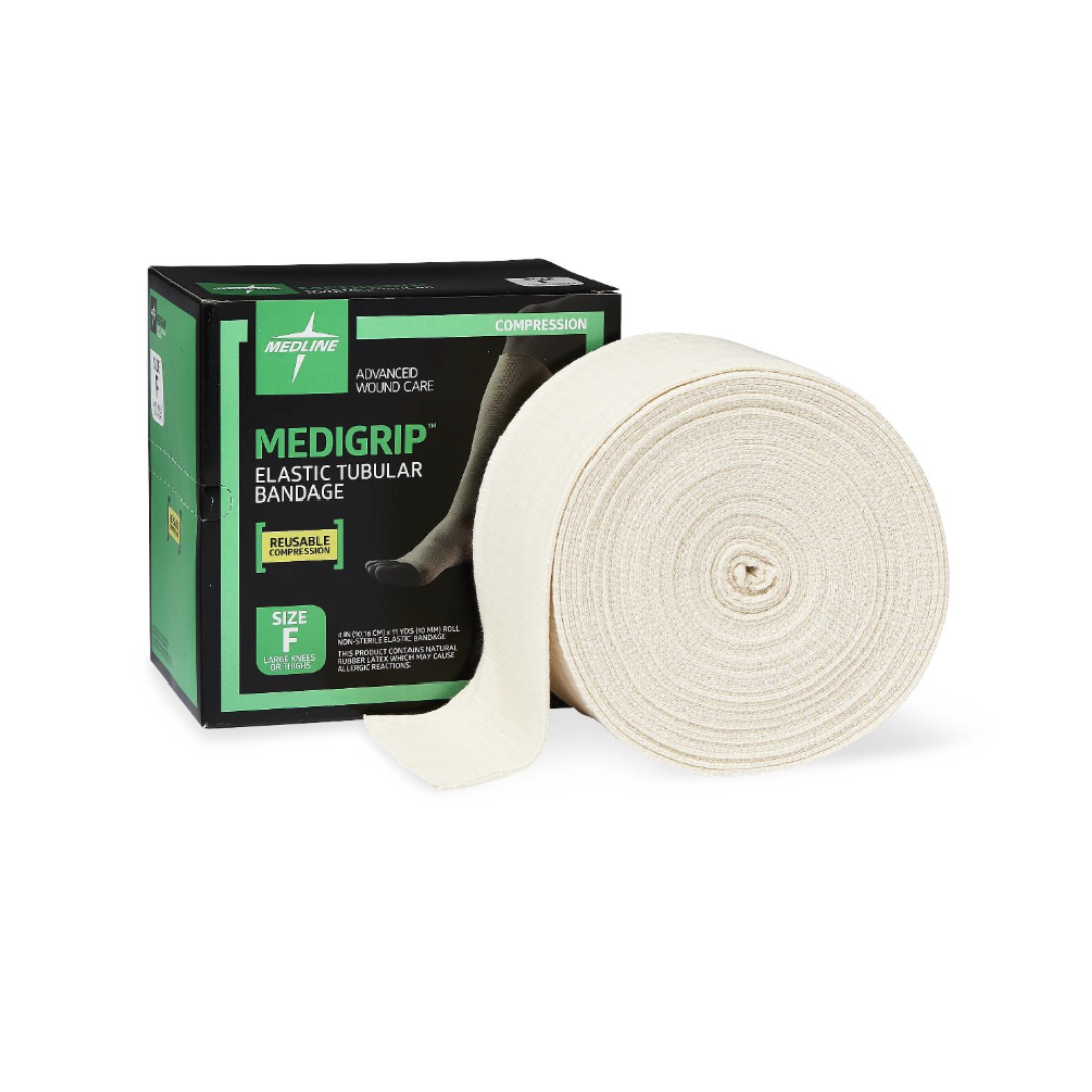 A box of Medline Medigrip Elastic Latex Tubular Support Bandages, size F, sits beside an unrolled beige bandage. The green and black box features product details and a leg illustration.