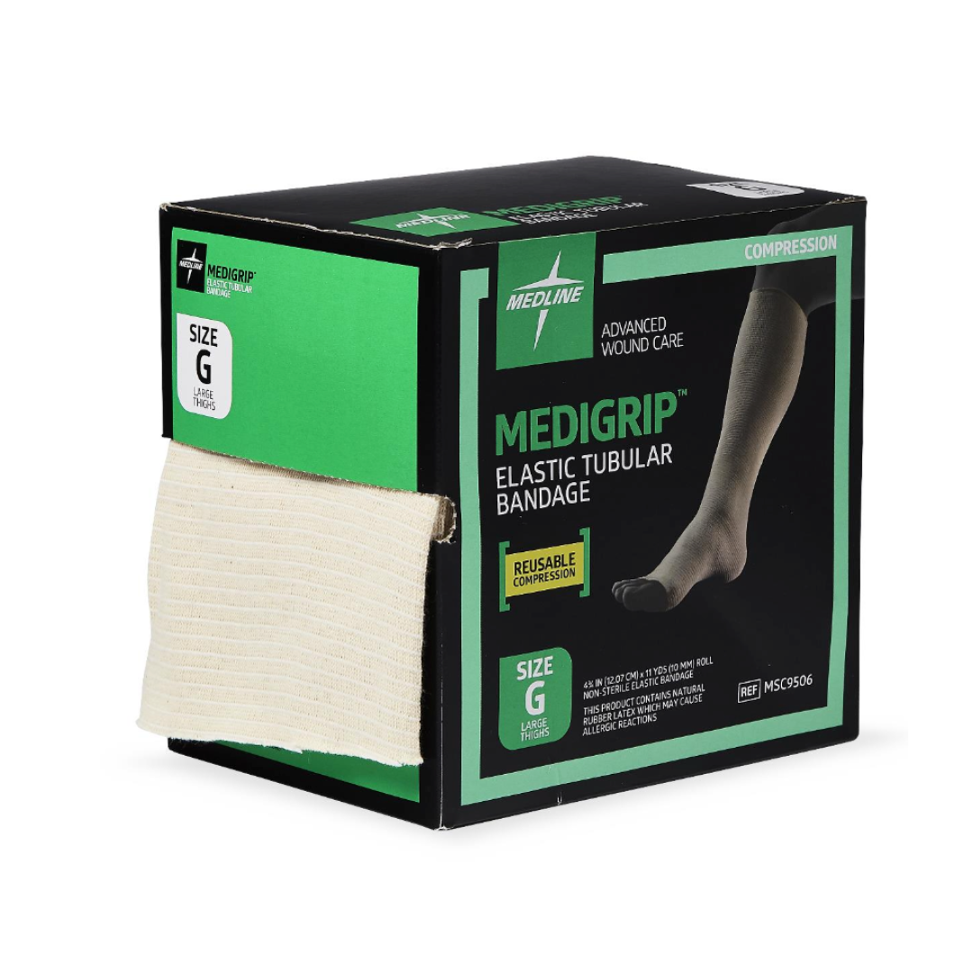A green and black box of Medline Medigrip Elastic Latex Tubular Support Bandages, size G, with part of the elastic bandage extending out. The packaging promotes reusable compression and advanced wound care benefits.