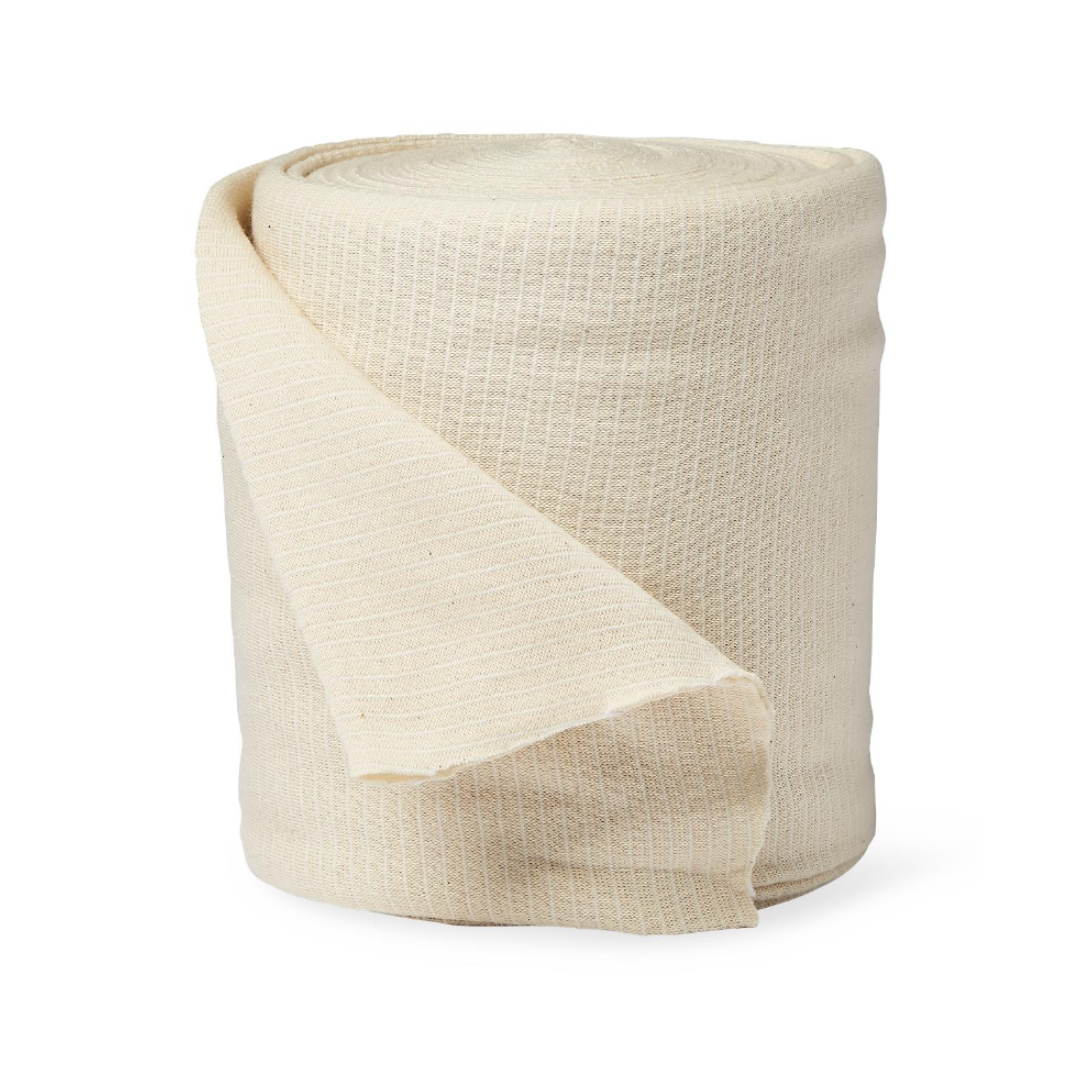 A rolled beige Medline Medigrip Elastic Latex Tubular Support Bandage with a textured surface is partially unrolled and standing upright on a white background.