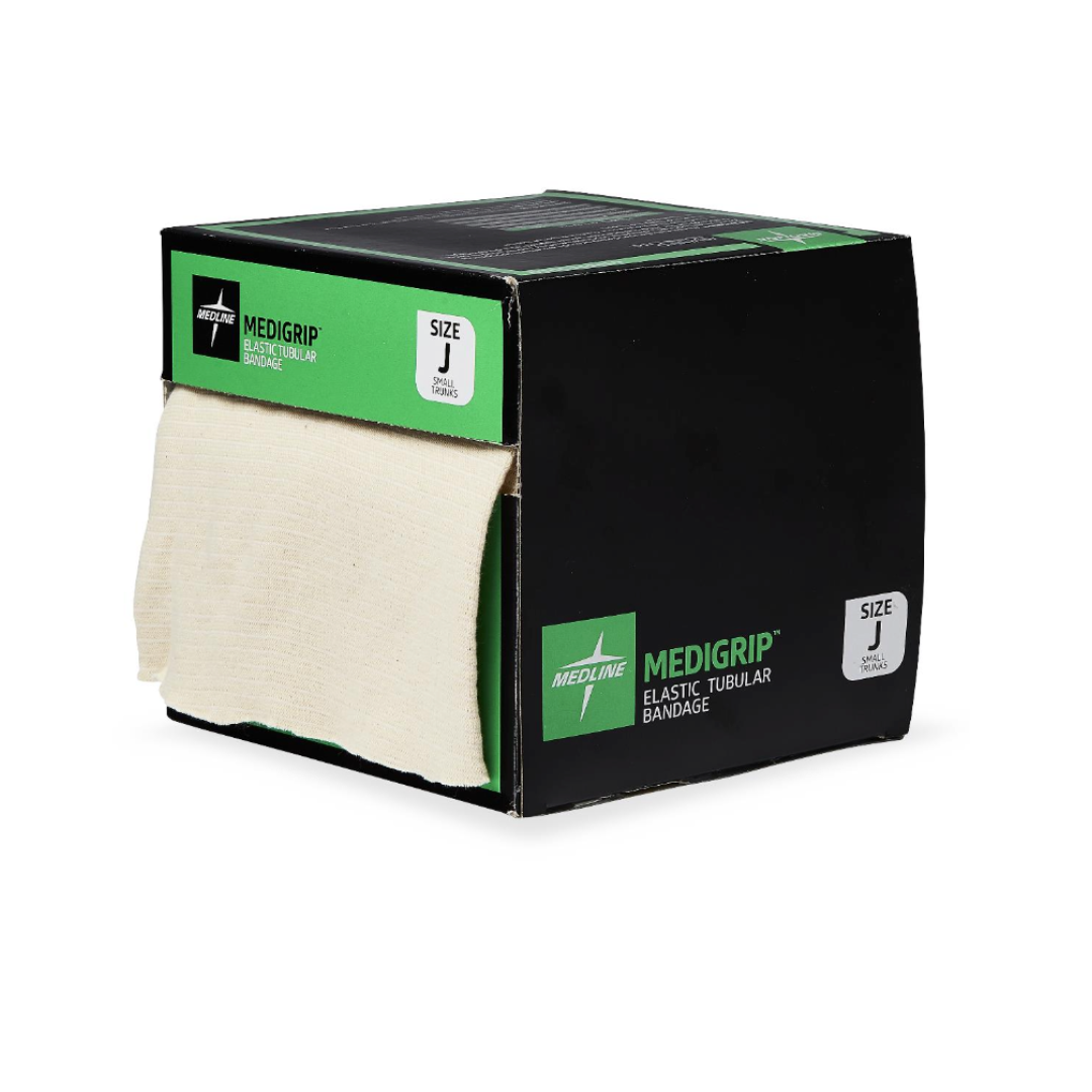 A black and green box labeled “Medline Medigrip Elastic Latex Tubular Support Bandages, Size J” with an off-white elastic tubular bandage partially pulled out from the left side of the box.