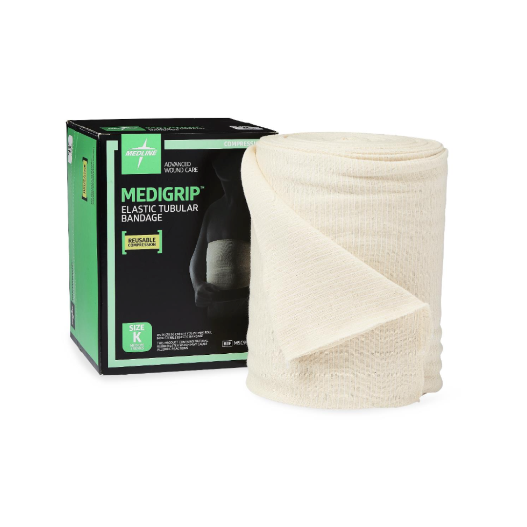 A box of Medline Medigrip Elastic Latex Tubular Support Bandages sits beside a large, rolled beige bandage. The black and green box shows the brand name and product details, emphasizing these reliable support bandages.