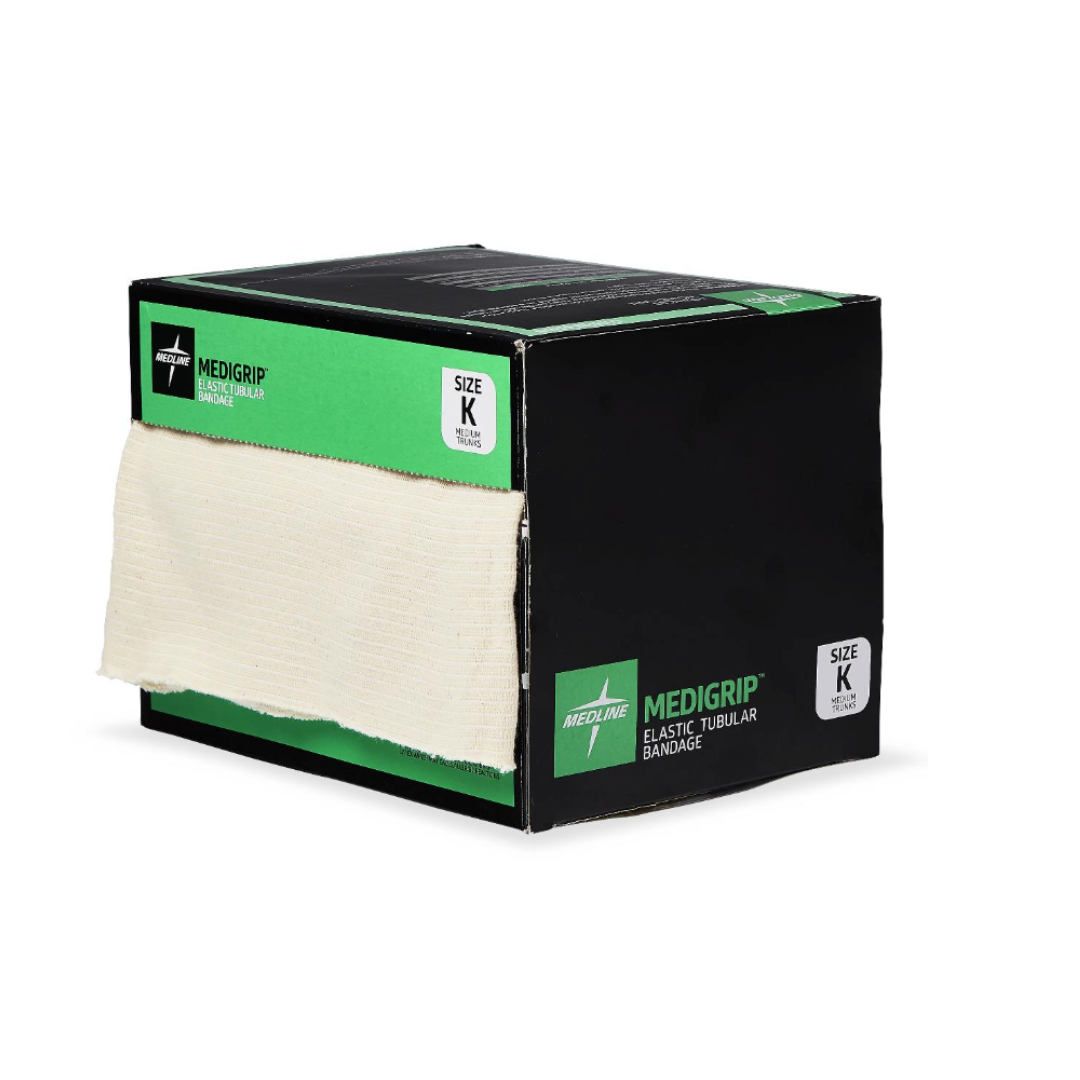 A box of Medline Medigrip Elastic Latex Tubular Support Bandages, size K, with a beige bandage partially pulled from the black and green packaging, displayed on a white background.