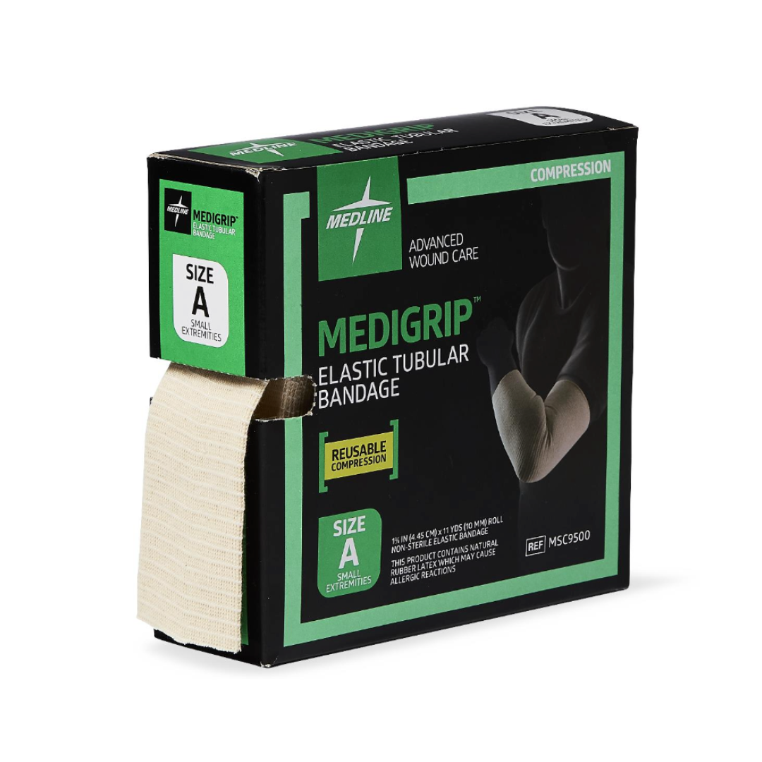 A box of Medline Medigrip Elastic Latex Tubular Support Bandages, size A, shows a bandaged arm and highlights reusable compression and advanced wound care for effective elastic support.