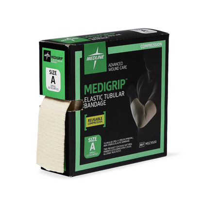 A box of Medline Medigrip Elastic Latex Tubular Support Bandages, size A, shows a bandaged arm and highlights reusable compression and advanced wound care for effective elastic support.