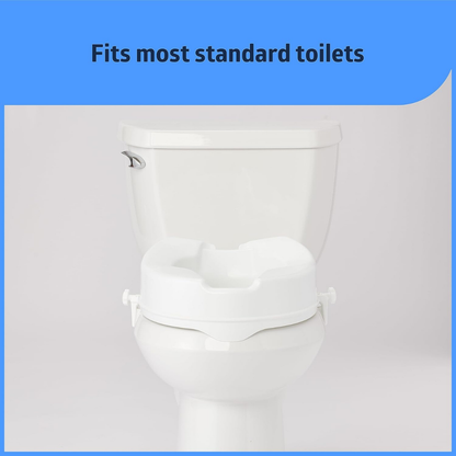 A Medline 4 Locking Raised Toilet Seat without Arms is securely attached to a standard white toilet. The slip-resistant, elevated seat is white, and a blue banner at the top reads Fits most standard toilets.