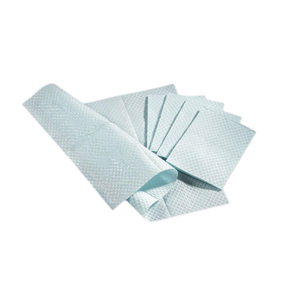 A stack of Medline 2-Ply Tissue/Poly Professional Towels in light blue, featuring a textured, patterned surface, is fanned out on a white background.