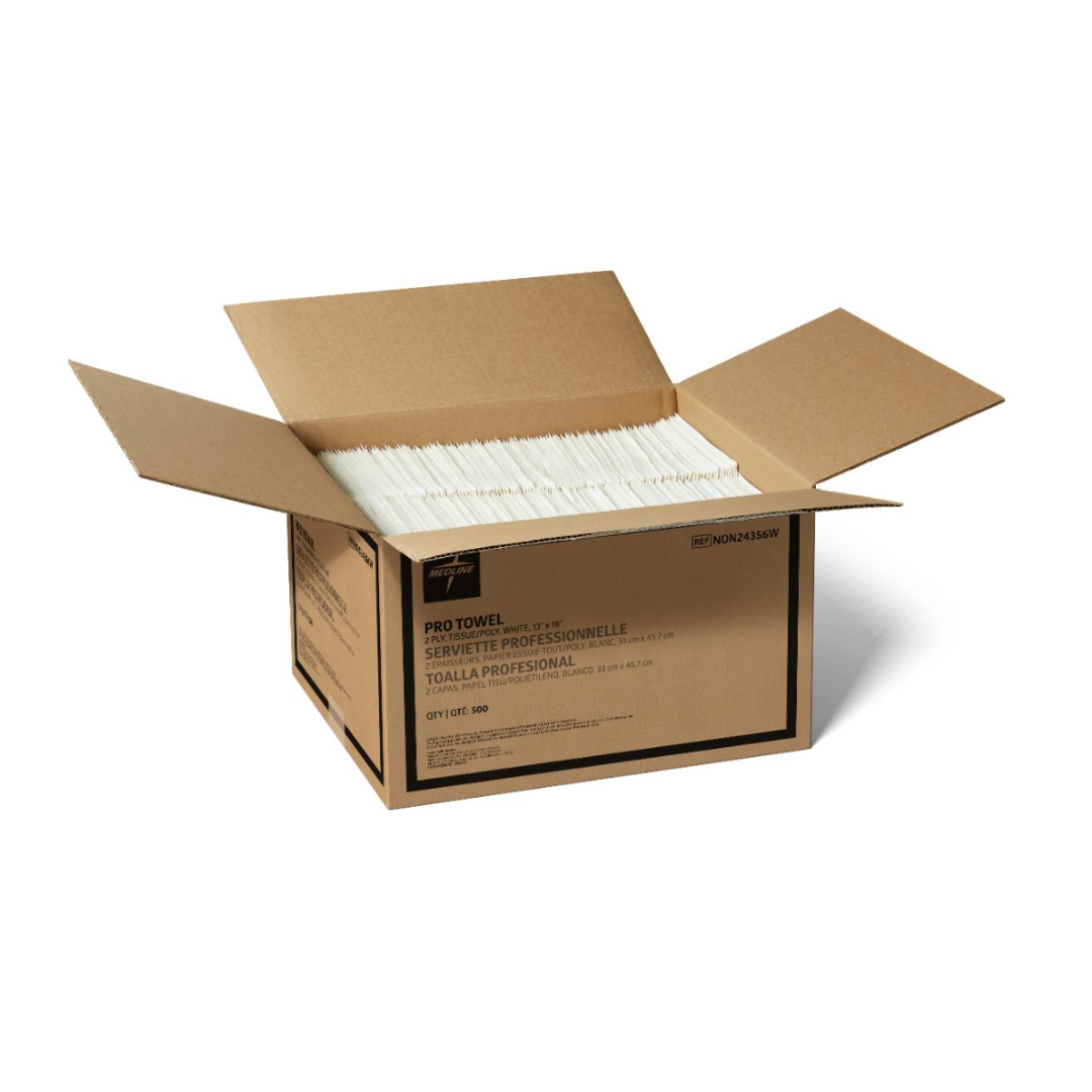An open large brown cardboard box labeled PRO TOWEL displays rows of neatly stacked Medline 2-Ply Tissue/Poly Professional Towels, set against a plain white background.
