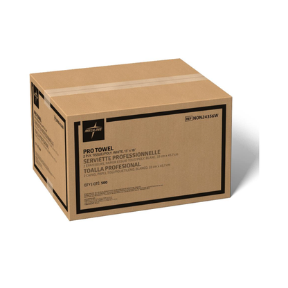 A large brown box labeled "Medline 2-Ply Tissue/Poly Professional Towels" contains 500 disposable medical towels, with product details in English, French, and Spanish printed on the packaging.