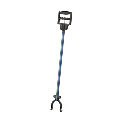 The Medline 31" Reacher Grabber Tool features a blue long handle, black ergonomic grip, and claw-like ends, designed to help those with limited mobility pick up objects from a distance.