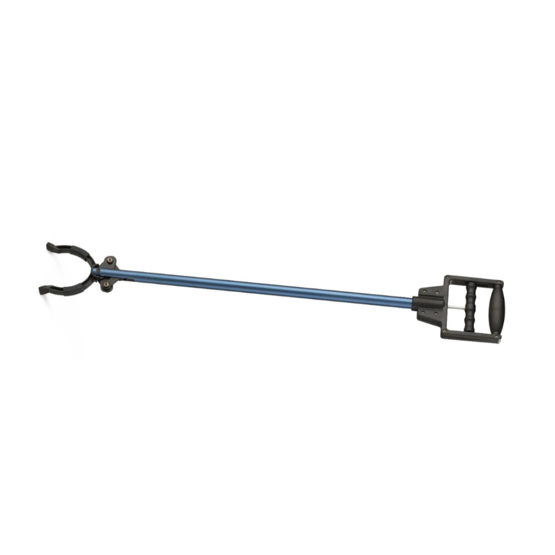 The Medline 31" Reacher Grabber Tool features a long handle, ergonomic grip, and angled claw in blue and black to assist individuals with limited mobility in picking up objects from a distance.
