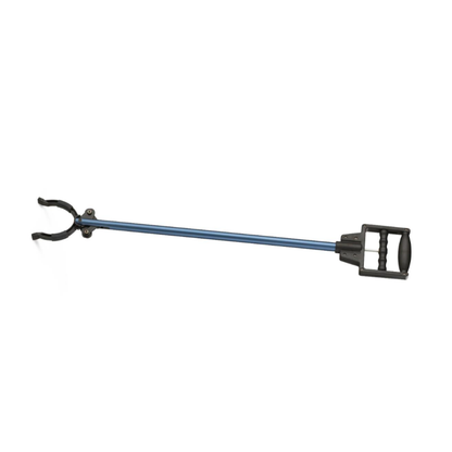 The Medline 31" Reacher Grabber Tool features a long handle, ergonomic grip, and angled claw in blue and black to assist individuals with limited mobility in picking up objects from a distance.
