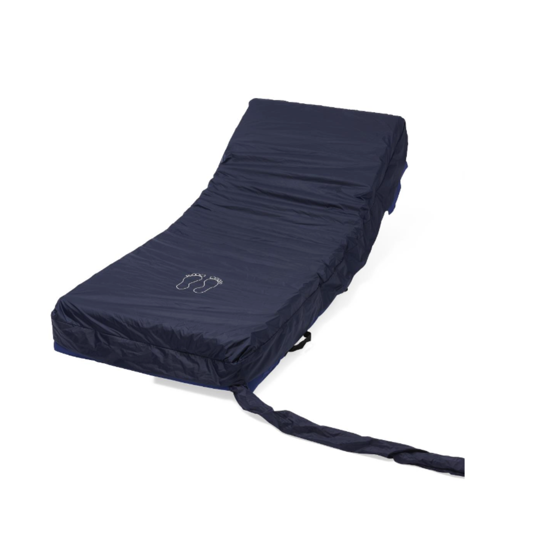 The Medline A10 LAL Alternating Pressure Mattress System is a dark blue, fabric-covered low air-loss mattress with adjustable settings, a raised head section, foot outlines near the end, and a long side strap for pressure injury prevention.