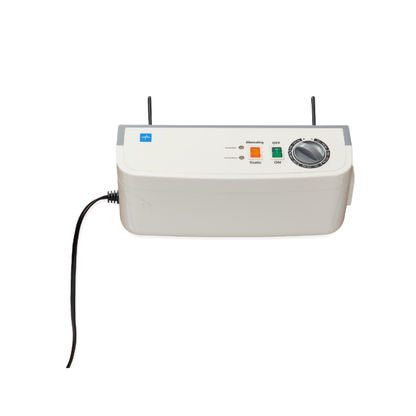 The Medline A10 LAL Alternating Pressure Mattress System is a white electronic device with indicator lights, Ready/Static/ON buttons, a right-side dial, antenna, and power cord—designed for pressure injury prevention.
