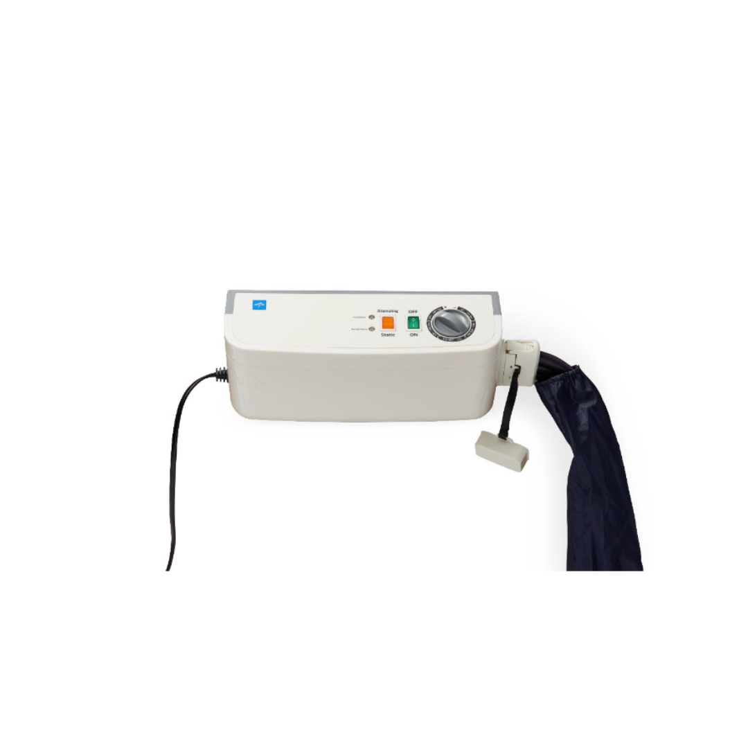 The Medline A10 LAL Alternating Pressure Mattress System, featuring a white control box with top controls, black hose, and power cord, is shown against a white background—ideal for pressure injury prevention.